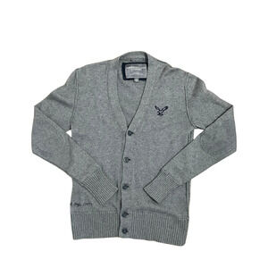 American Eagle Men's Sz S V-Neck Button Cardigan Exposed Seams Knit Gray Grandpa